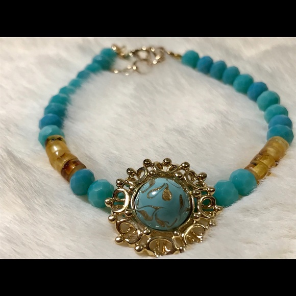 Turquoise Glass and Genuine Amber Bracelet - Picture 3 of 6